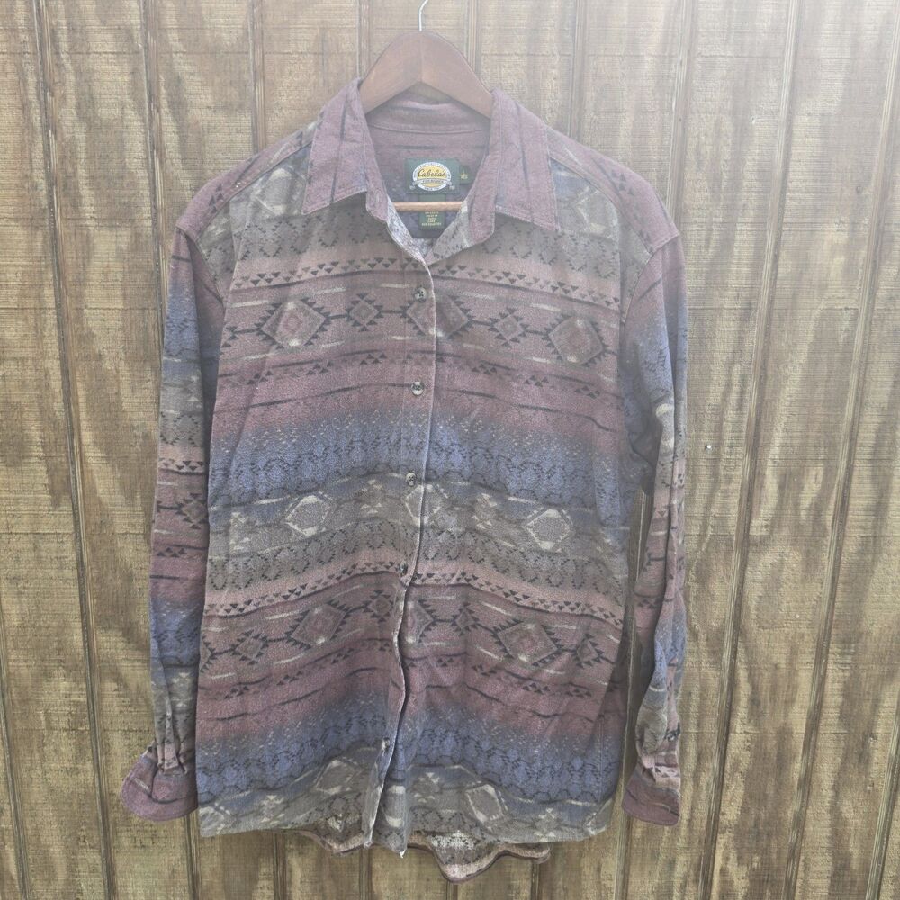 Cabelas Vtg Deerskin Soft Chamois Geometrical Burgundy Blue Shirt Womens Sz L
